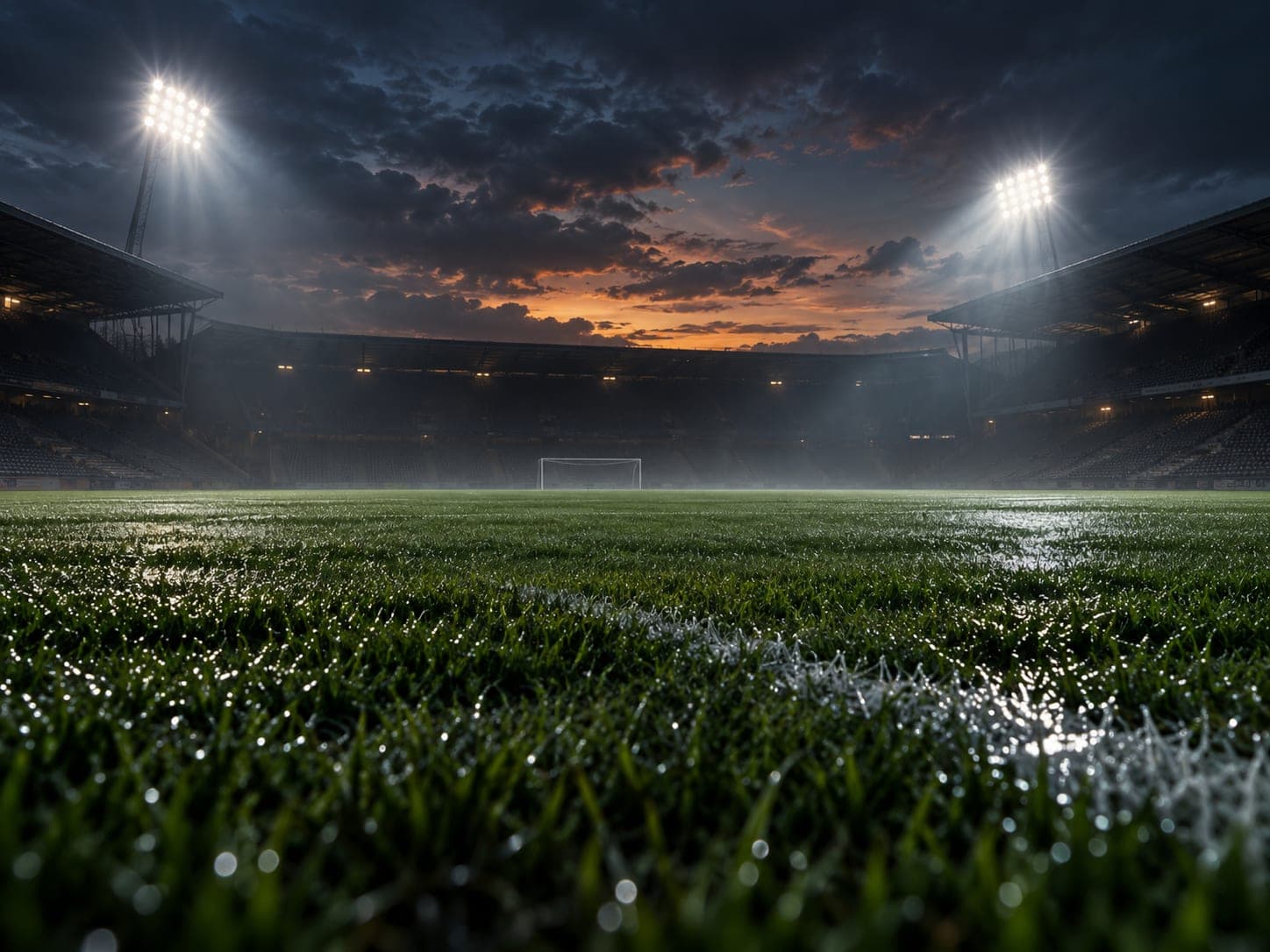 An empty stadium at dusk under floodlights, seen from pitch level across wet grass