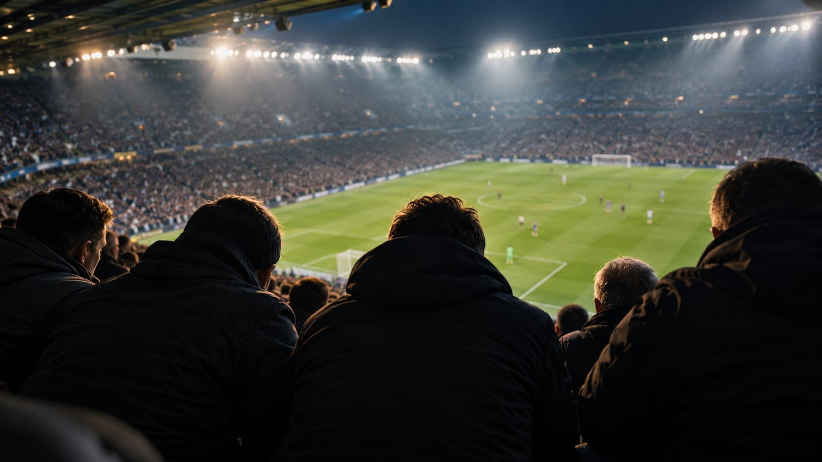 Fans in dark coats seen from behind, watching a floodlit match from the stand